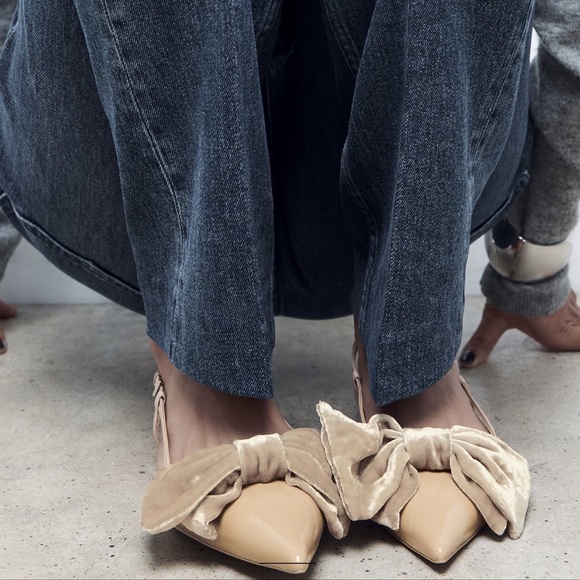 Zara Patent Pointed toe Flat Slingback Shoes Velvet Bow Tan 6.5 37 NWT - Picture 3 of 15